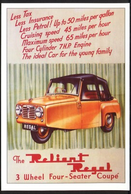 Moderne Postkarte: Der RELIANT REGAL 3-Radwagen. Repro Werbung (Opie ROFF20)