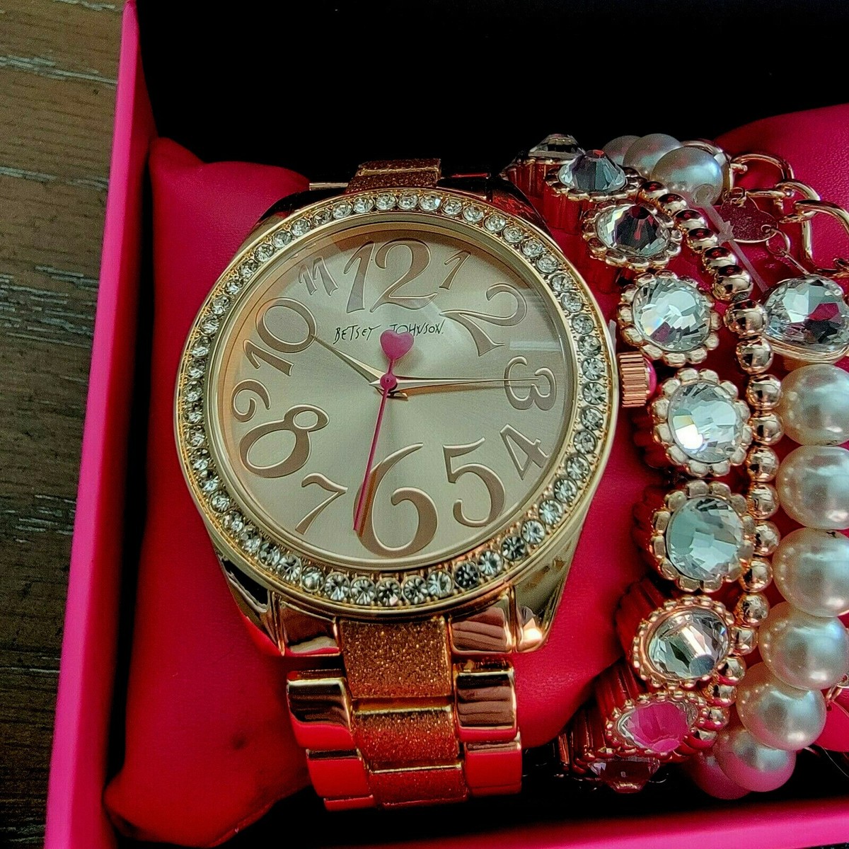 BETSEY JOHNSON CRYSTAL BEZEL ROSE-GOLD WATCH W/BRACELETS BOXED SET