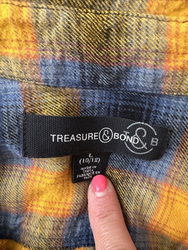 TREASURE & BOND Boys Plaid Long Sleeve Yellow Blue Black Button Up Size L 10/12 - Picture 10 of 13