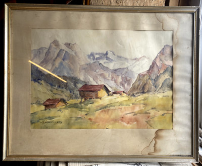 ::WATERCOLOUR INDISTINCTLY SIGNED -ALPINE HUTS ALPINE PASTURE °MEADOW MOUNTAINS ANTIQUE FRAME