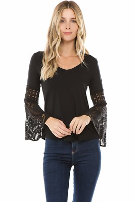 VAVA by Joy Han Womens Black Kinsey Lace Bell Sleeve Top VT1515 Small