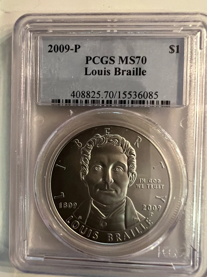2009 P LOUIS BRAILLE COMMEMORATIVE SILVER DOLLAR. PCGS CERT MS-70. WITH OGP+COA - Image 2 of 4