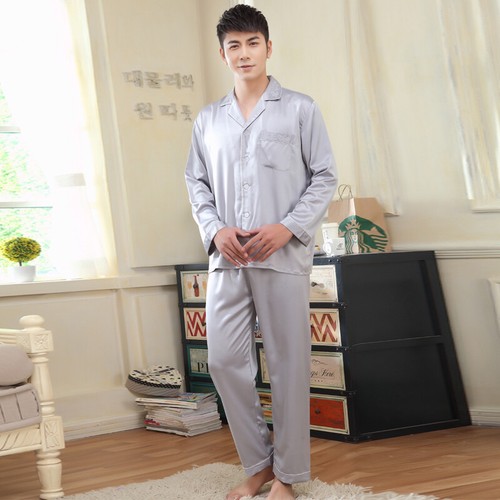 NEU Herren Pyjama Schlafanzug Seide Satin Langarm langer Hose Nachtwäsche M038 - Picture 14 of 14