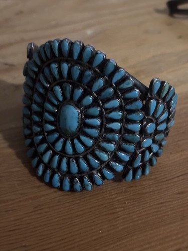 Amazing Large Antique Zuni Petit Point Turquoise Sterling Cuff Bracelet Vintage