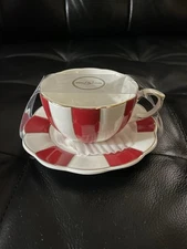 Grace Teaware Set of Two Teacup & Saucer Sets Large Red & White Stripes New