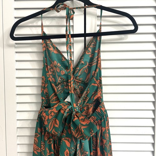 Shein Open Back Tropical Halter Dress Maxi Tie Back Coral and Green Floral Sz S - Picture 5 of 13