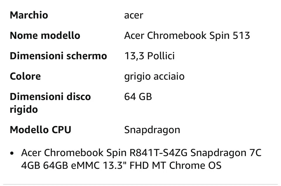 Acer Chromebook Spin 513 Touch Screen R841T-S4ZG 13.3" Yes 2 in 1 Chromebook - Immagine 4 di 4