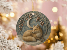 Fox Ceramic Ornament Woodland Moon Forest Berries Rustic Winter Animal Decor