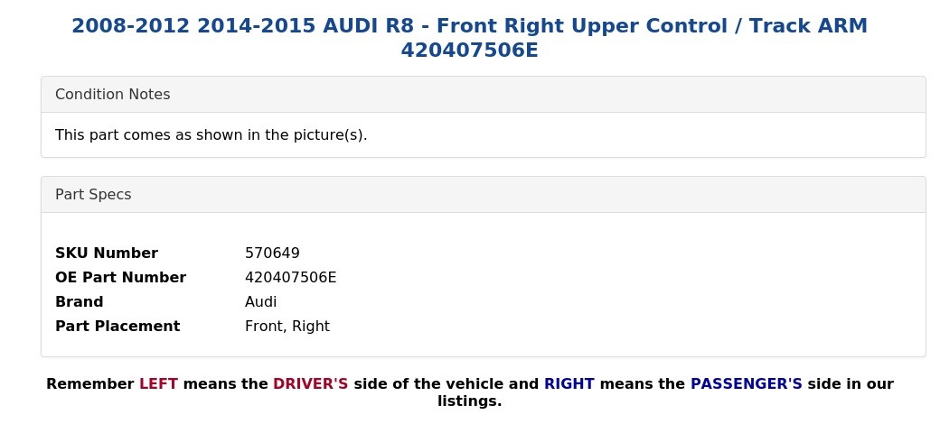 Audi R8 2008-2012 Front Right Upper Control arm P/N 420407506E