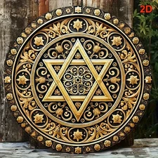 2D Flat, 88inch Round Aluminum Sign with Vintage Star of David Decoration, Golde