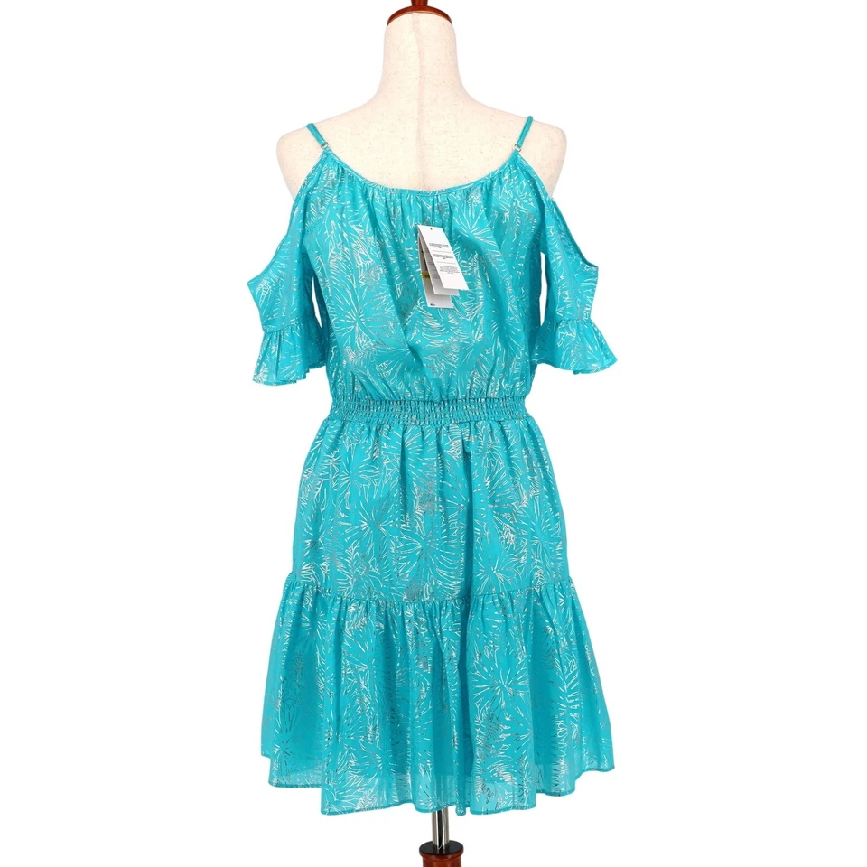 Michael Kors Women Foil Turquoise Cotton Cold-Shoulder Ruffle Mini Dress Size XS - Image 3 of 4