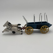 Vintage Cast Iron White Running Horses Drawn Blue Wagon Yellow Wheels WITH TOP