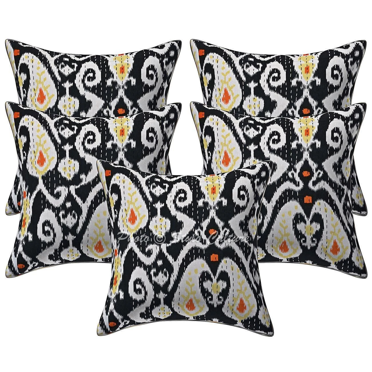 Bohemian Cotton Throw Pillow Covers Kantha Black Ikat Home Decor Cushion Cover