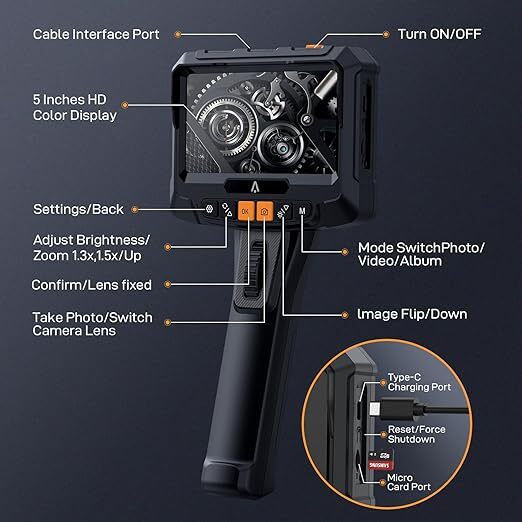 BiDirectional Articulating Borescope IPS Screen IP67 Waterproof LED
