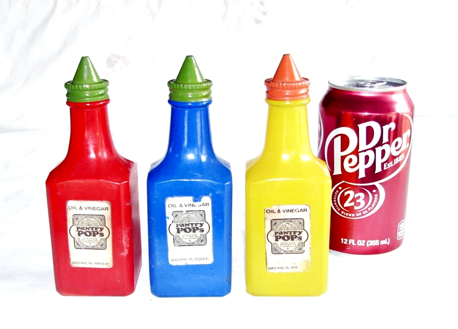 Vintage Pantry Pops Gemco USA Glass Fired-On Oil & Vinegar Bottles - Set of 3