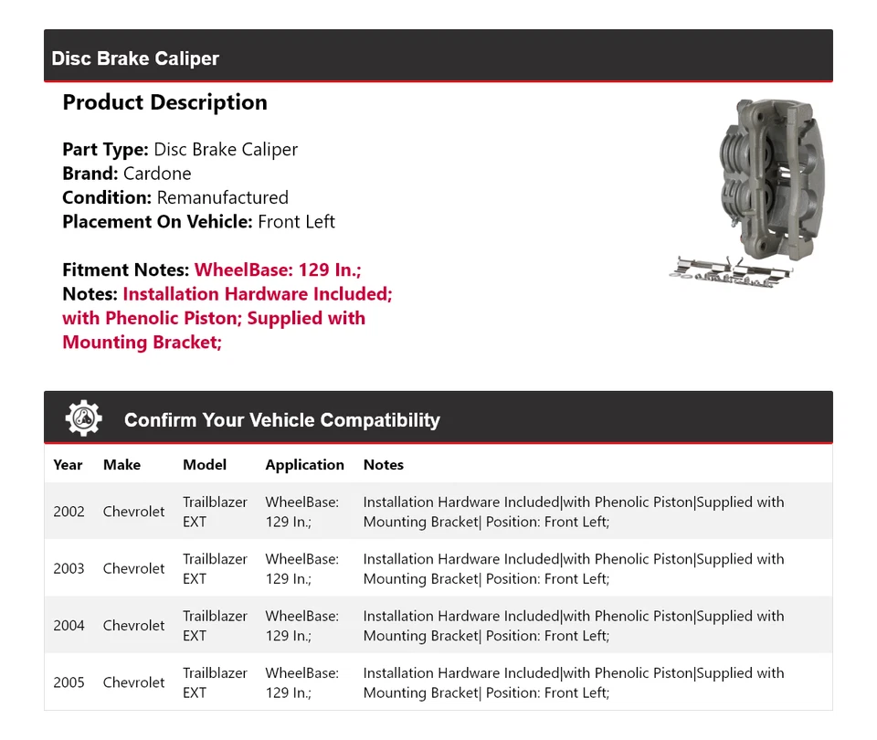Pinza de freno de disco delantera izquierda cardone para Chevrolet Trailblazer EXT 2002-2005 Foto 2 de 4