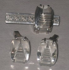Vintage Japan Silver Carved Reverse Glass Pagoda Cufflinks  Tie Bar / Clip