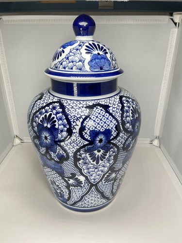 Pier 1 Imports Asian Inspired Blue And White Jar with Lid 14" X 8" 1/2 approx
