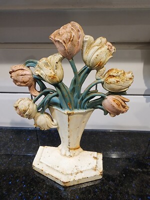 Vintage John Wright tulips in basket  Painted Cast Iron doorstop #443
