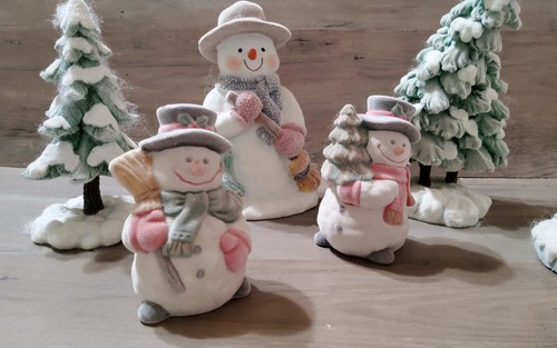 Muñeco de nieve flocado familia árboles de Navidad 6 piezas pastel púrpura verde sensación aterciopelada - Imagen 2 de 6