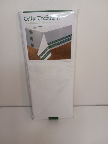 CELTIC TRADITIONS TABLECLOTH 70" Round White/Green Celtic Print Accents NEW Pkg - Picture 2 of 2
