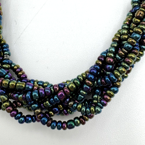 Jet Black Rainbow Glass Seed Bead Braided Necklace Lariat Mystic Peacock 54" - Picture 3 of 17