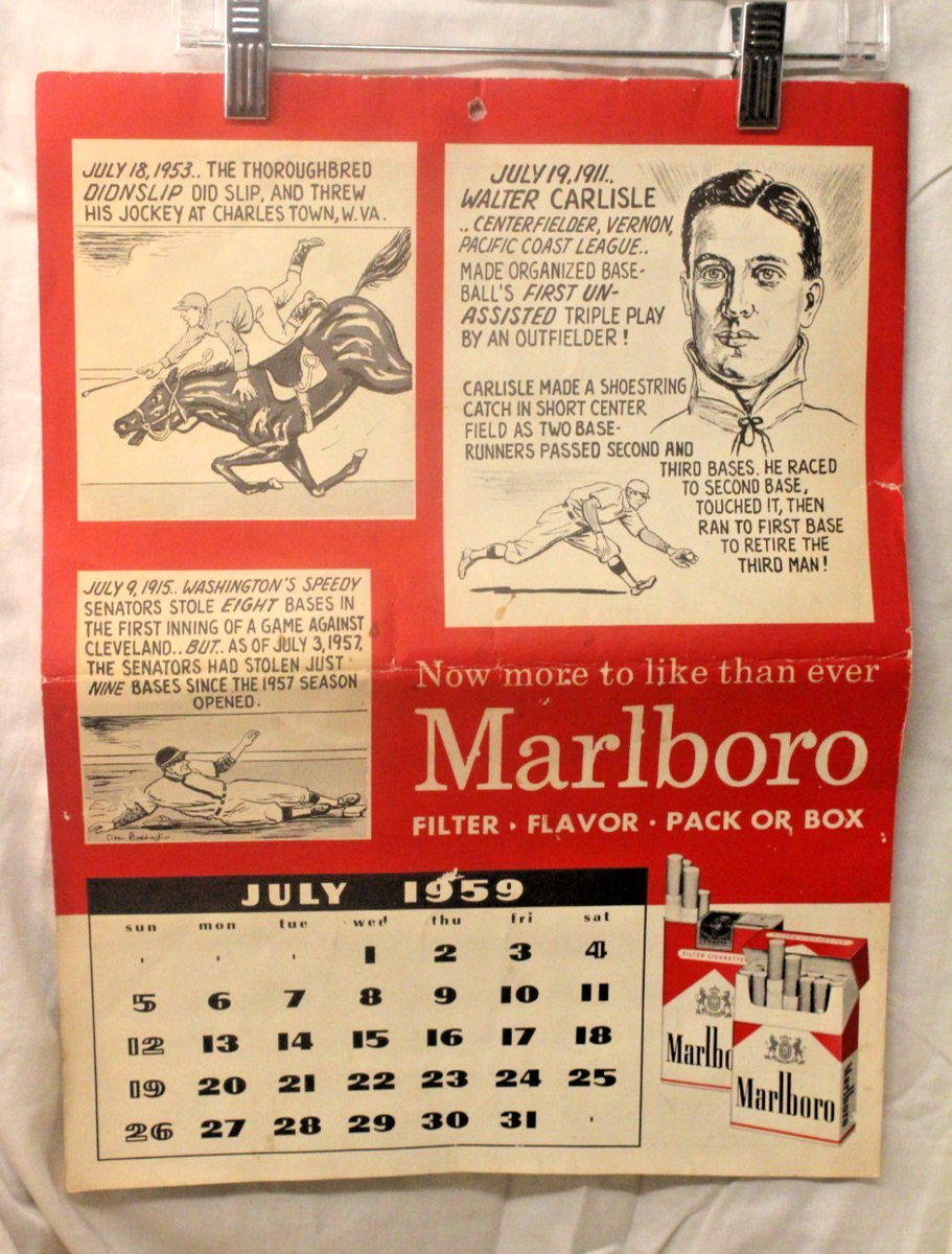 Vintage Rare 1959 Marlboro Sports Calendar 12 Months Double Sided