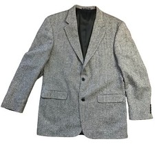 Lands' End Herringbone Wool Blazer Men's 42L Notch Lapel Black, White Business