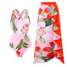 Women One Piece Swimsuit with Beach Cover Up Skirt Pink Flowers Bikini Set