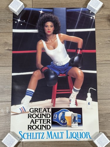 Vintage 1987 Schlitz Malt Liquor Sexy Girl Boxing Mancave Poster 27.5" x 17"