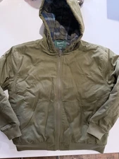 Woolrich Mens Canvas Hooded Jacket Coat Full Zip Flannel Lined Size L Green