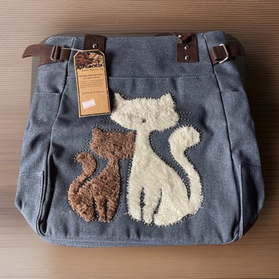Kaukko's Bags Canvas Denim Furry Cats Purse Handbag Tote Dark Grey 14 X 14 X 4