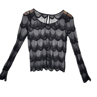 Charlotte Russe Black Sheer Lace Scallop Long Sleeve Blouse Top SZ M Whimsygoth