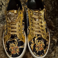 Versace Men's Sneakers Medusa Logo Baroque Gold Detailing Black Lace Up