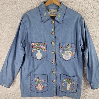 Cottagecore Papy Boez Size Large Embroidered Flowers Spring Garden Hand Painted