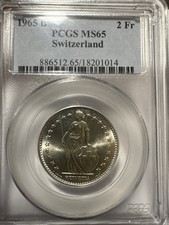 1965B 2 Swiss Franc Silver PCGS MS65 Switzerland Coin High Grade