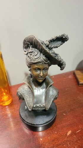 ANTIQUE FRENCH Art Nouveau LADY BUST STATUE SCULPTURE Spelter Victorian Bronze - Picture 4 of 13