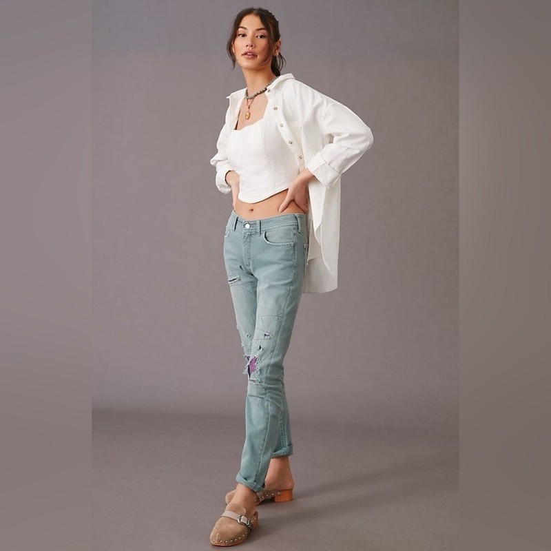 Pilcro by Anthropologie Slim Patches Teal Distressed Jeans 32