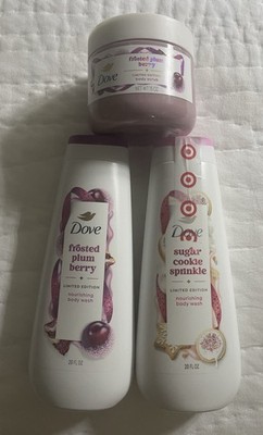 Lot 3 Dove Limited Edition Frosted Plum Berry Body Wash & Scrub + Sugar Cookie