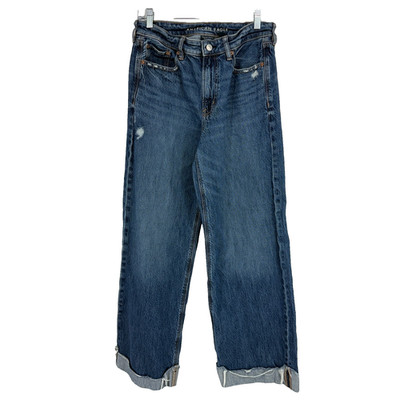 American Eagle Women 6 Baggy Wide Leg Jeans Super High Rise Blue Denim Whiskers
