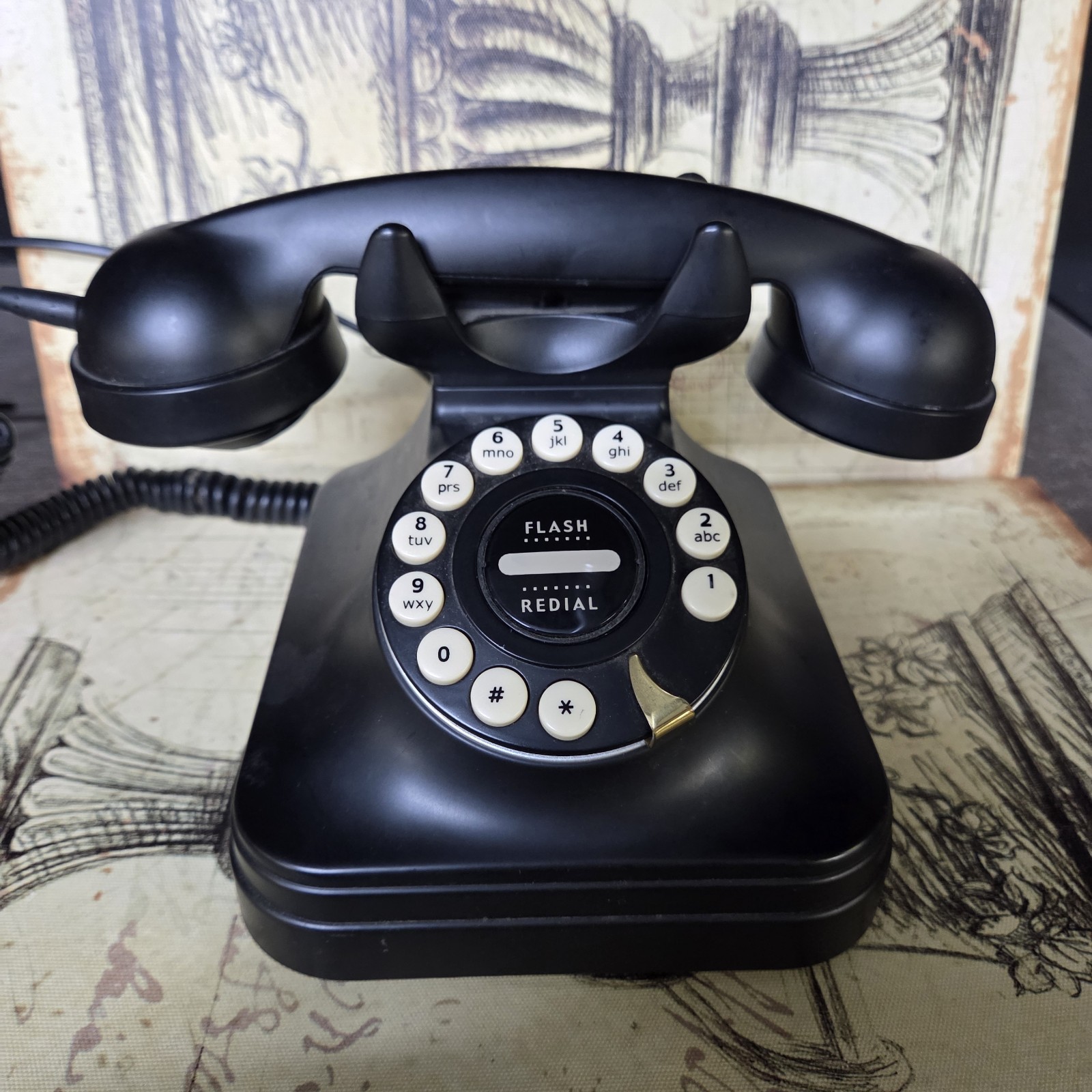 Grand Phone Black Retro Push Button Telephone Flash Redial Vintage Style W/Cord