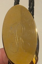Vintage Metal Bolo Tie, Nice Thick Brass, Letter R, Initial R, Name, Nice West