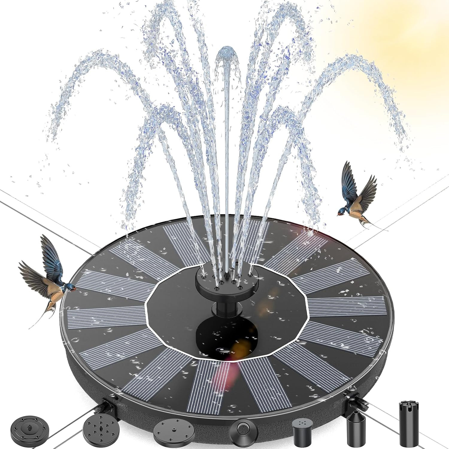 Solar Water Fountain for Bird Bath, Outdoor, Pond Pump with 6 Water Features, an