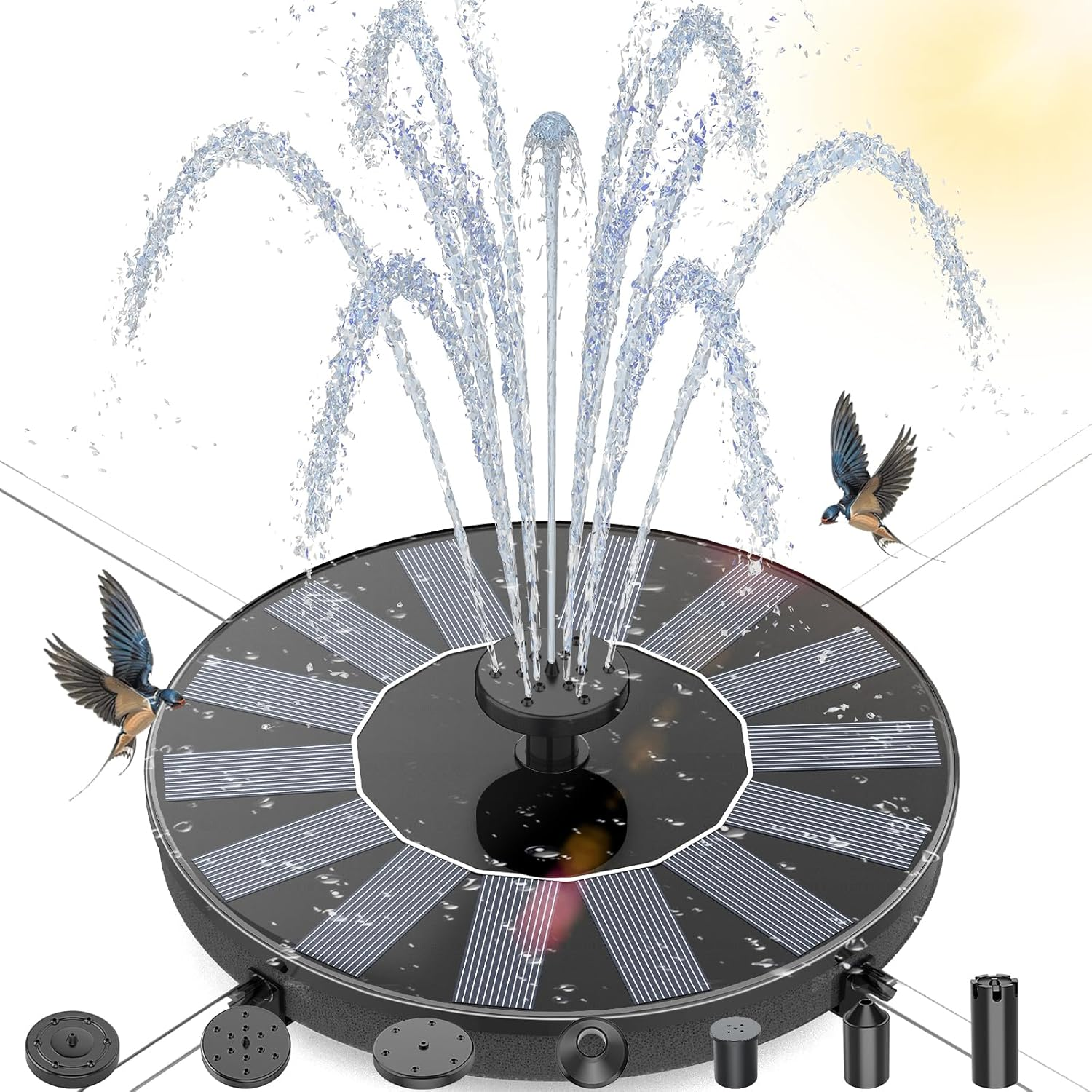 Solar Water Fountain for Bird Bath, Outdoor, Pond Pump with 6 Water Features, an