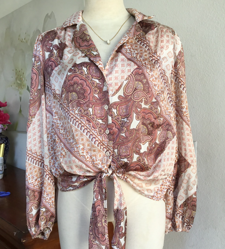 ECLAIR Satin Paisley Print Bluse Top Tie Front Button Down Relaxed Fit S - Bild 4 von 9