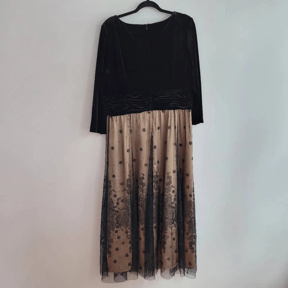 复古黑色天鹅绒超长连衣裙半透明花卉蕾丝覆盖仙女垃圾奇思妙想 — 第 2/4 张图片