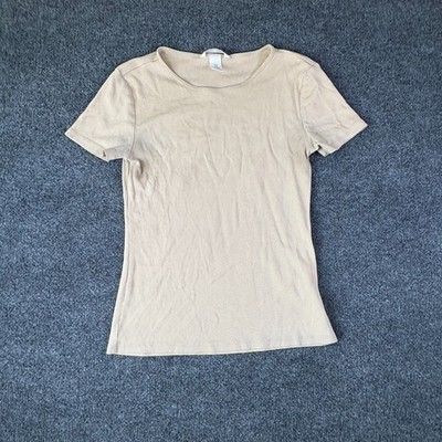 H&M Ribbed T Shirt Womens Medium Beige Cotton Stretch Regular Fit Round Neck