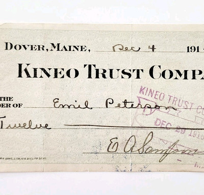 1915 Kineo Trust Company Bank Check E.A. Sampson Dover Maine Signed 7049 CHX14