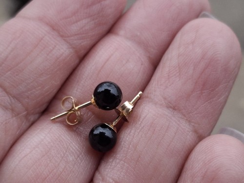 Onyx Black Ball Stud Earrings 14k Yellow Gold 6 mm By 15 mm Length .85gr - Picture 7 of 9