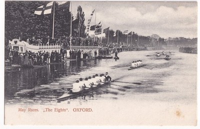 Oxford Mai Rennen die Achter Ruderboot Rennen Themse Postkarte Kollotyp UK
